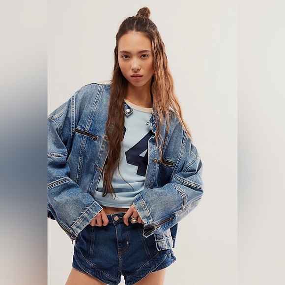 🌈NWT We The Free - FREE PEOPLE Dia Denim Moto Jacket Size XL